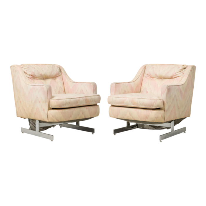 saporiti mid century italian silver polished metal beige zig zag upholstered armchairs a pair 7014