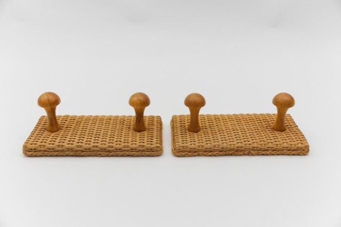 scandinavian double wall mounted coat hooks in rattan and wood 1960s set of 2 1