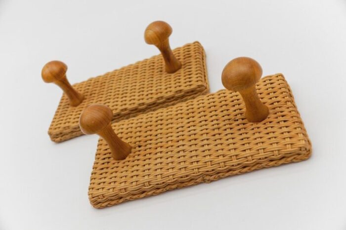 scandinavian double wall mounted coat hooks in rattan and wood 1960s set of 2 2