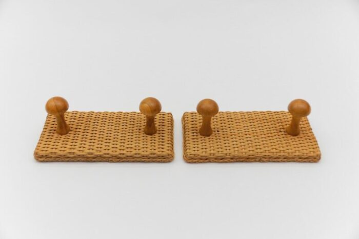 scandinavian double wall mounted coat hooks in rattan and wood 1960s set of 2 3