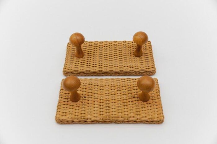 scandinavian double wall mounted coat hooks in rattan and wood 1960s set of 2 4