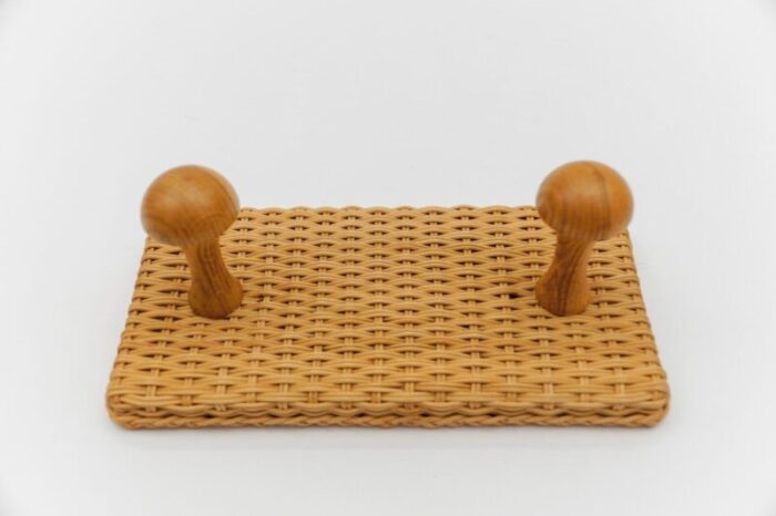 scandinavian double wall mounted coat hooks in rattan and wood 1960s set of 2 5