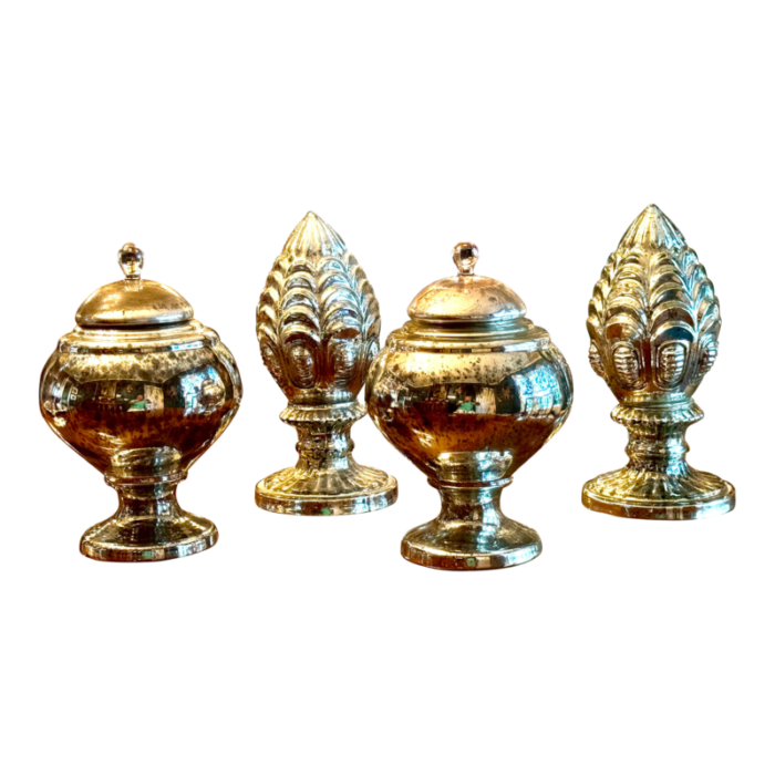 set of 4 mercury glass decorative objects 2 jars and 2 finial pinecones 0289