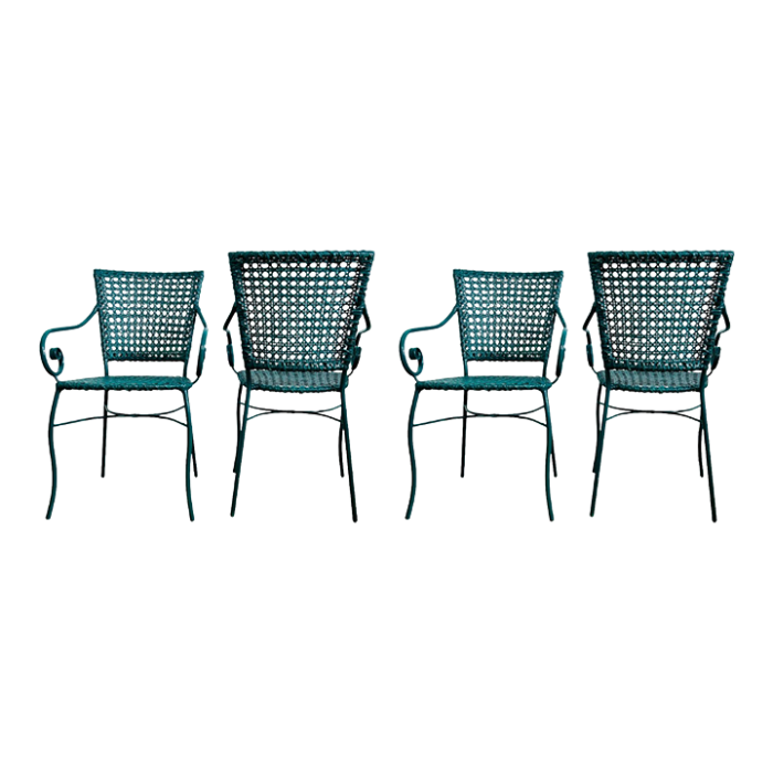 set of 4 metal scroll arm chairs with finger caned seats and backs 9986