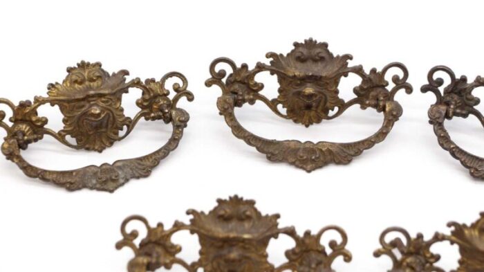 set of 6 antique brass lion head bail dresser drawer pulls 1837