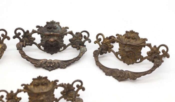 set of 6 antique brass lion head bail dresser drawer pulls 6487