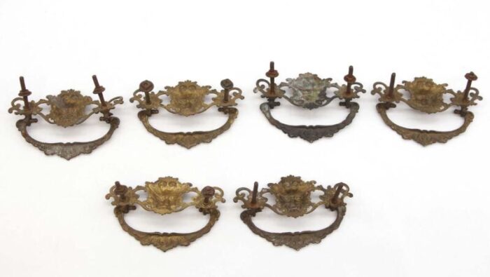 set of 6 antique brass lion head bail dresser drawer pulls 6672