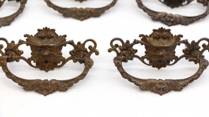 set of 6 antique brass lion head bail dresser drawer pulls 8782