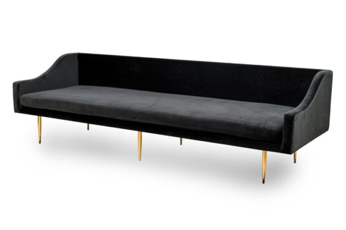 sintra contemporary modern charcoal gray velvet and polished bronze sofa 5431