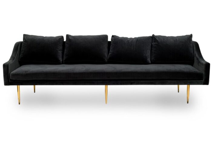 sintra contemporary modern charcoal gray velvet and polished bronze sofa 8712