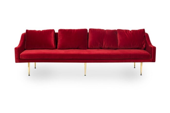 sintra contemporary modern dark red velvet and polished bronze sofa 4989