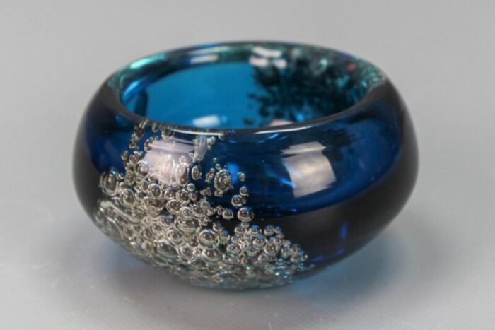 small blue bubbled glass bowl by zwiesel germany 1970s 10