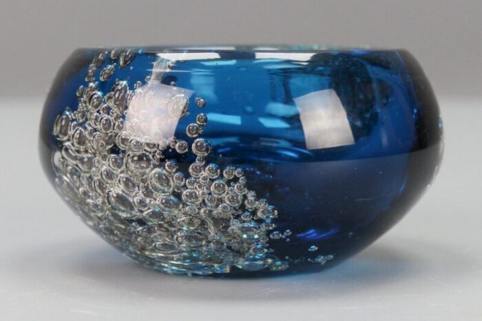 small blue bubbled glass bowl by zwiesel germany 1970s 2