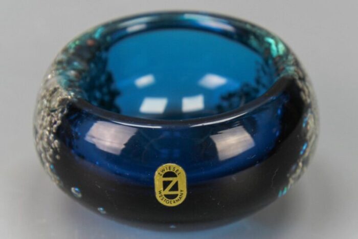 small blue bubbled glass bowl by zwiesel germany 1970s 6