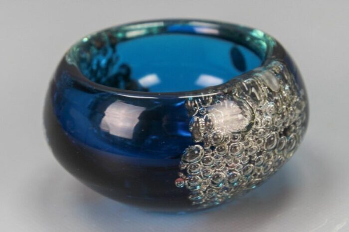 small blue bubbled glass bowl by zwiesel germany 1970s 9