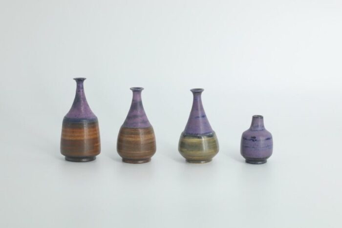 small mid century scandinavian modern collectible brown purple stoneware vases by gunnar borg for gunnars keramik hoeganaes 1960s set of 4 1