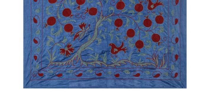 suzani tapestry in blue silk with pomegranate decor 2