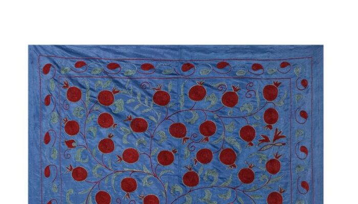 suzani tapestry in blue silk with pomegranate decor 3