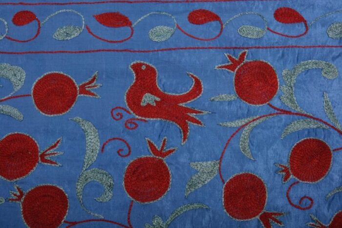 suzani tapestry in blue silk with pomegranate decor 6