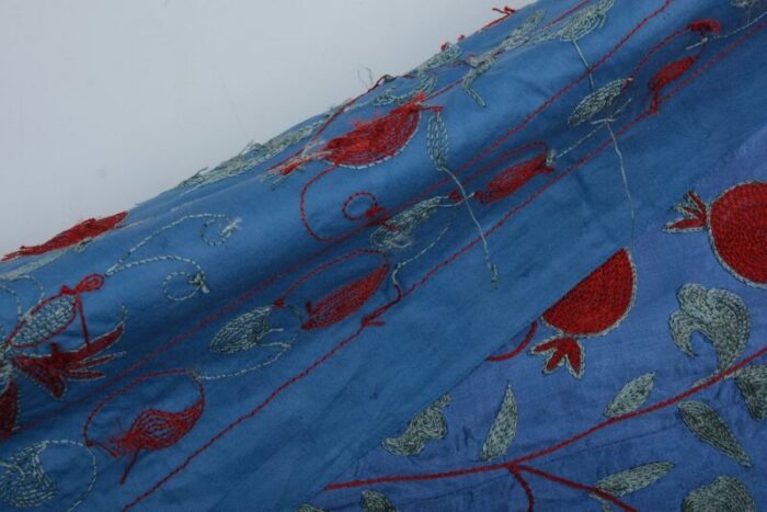 suzani tapestry in blue silk with pomegranate decor 7