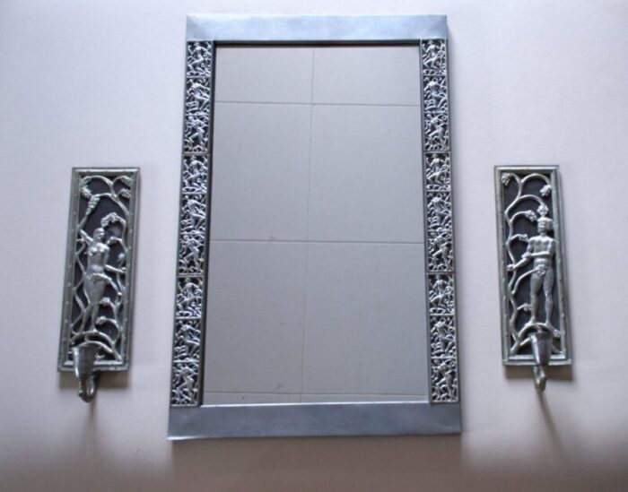 swedish grace period mirror and candleholder sconces in pewter by david wretling 1920s set of 3 1