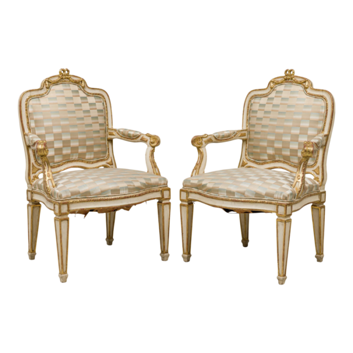 swedish neo classic cream painted parcel gilt armchairs a pair 9566