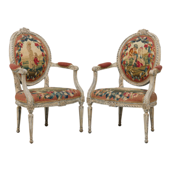 swedish neo classic painted tapestry upholstered armchairs a pair 9449