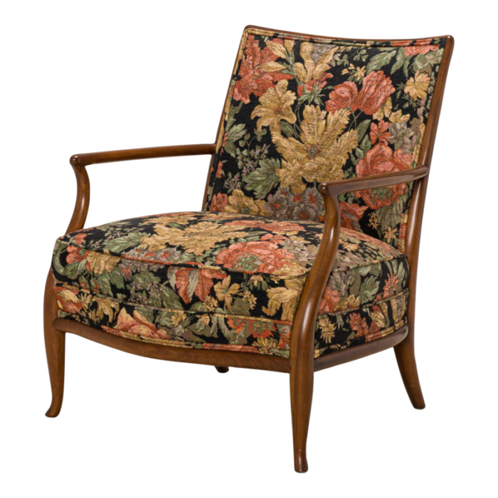 th robsjohn gibbings for widdicomb mid century french walnut and floral upholstered armchair 3550