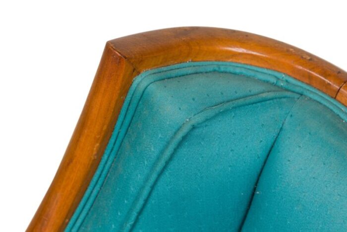 th robsjohn gibbings mid century modern walnut and blue upholstery bergere armchairs a pair 6905