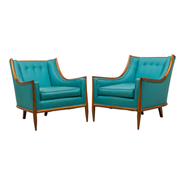 th robsjohn gibbings mid century modern walnut and blue upholstery bergere armchairs a pair 9466