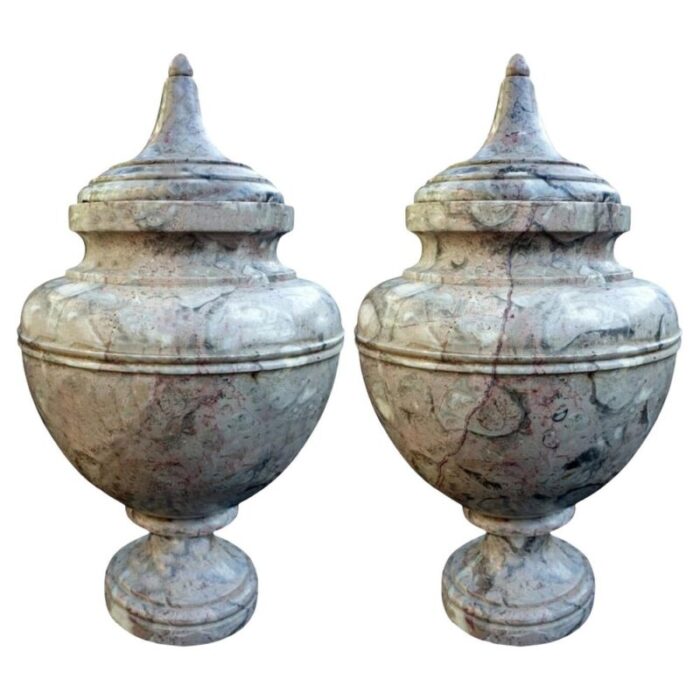 turned vases in italian lumachella marble early 20th century set of 2 1