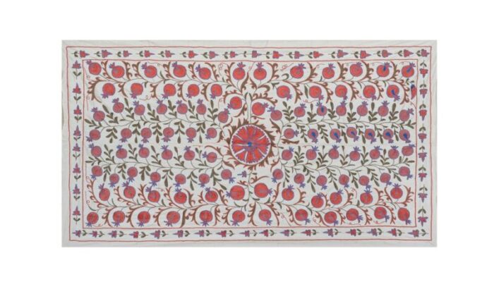 uzbek suzani tapestry in white silk with floral embroidery 2