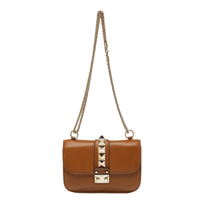 valentino brown leather small rockstud glam lock flap bag 0200