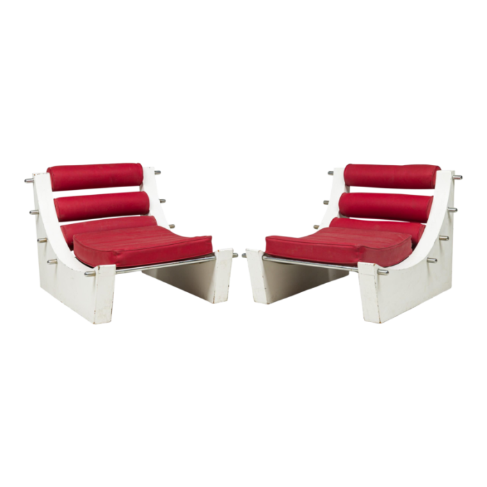 verner panton danish mid century white lacquer chrome and red upholstered slipper chairs a pair 8511