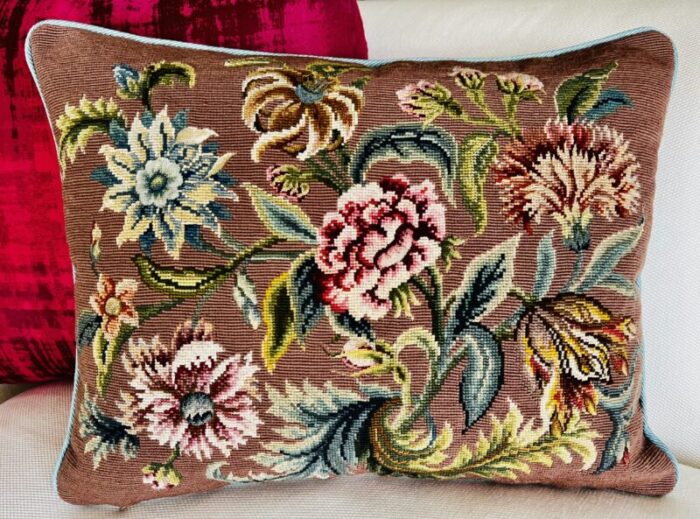 vibrant vintage floral hand needlepointed pillowcushion with featherdown insert 1394