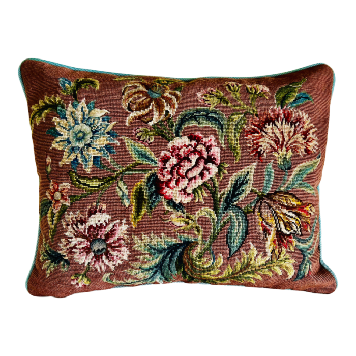 vibrant vintage floral hand needlepointed pillowcushion with featherdown insert 4180