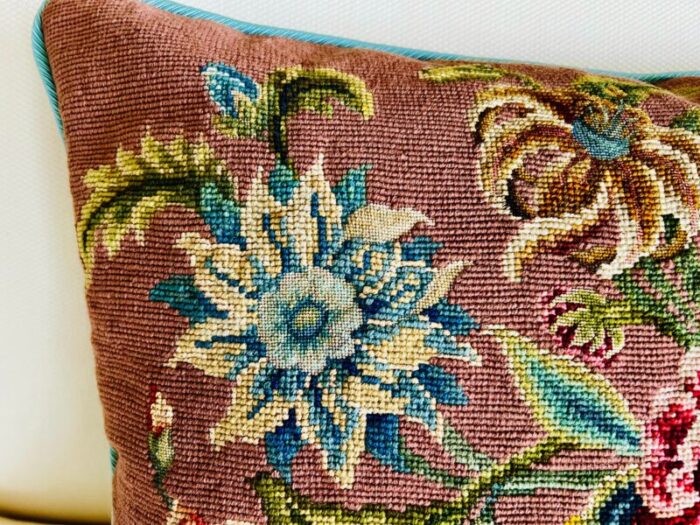 vibrant vintage floral hand needlepointed pillowcushion with featherdown insert 7747