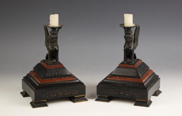 victorian egyptian revival bronze rouge marble sphinx candleholders set of 2 1