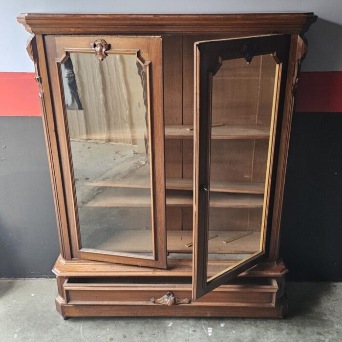 victorian walnut carved double door bookcase 4 shelves 1870s 0859