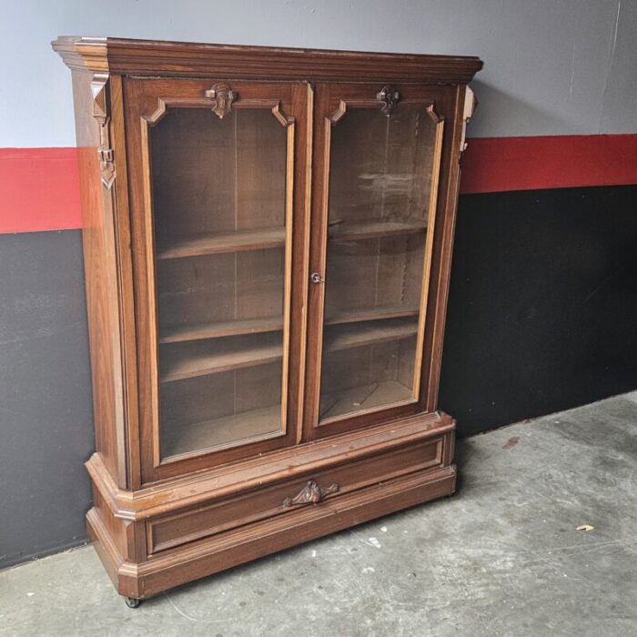 victorian walnut carved double door bookcase 4 shelves 1870s 6482