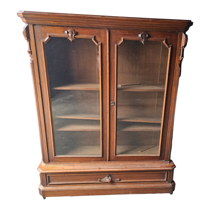 victorian walnut carved double door bookcase 4 shelves 1870s 7517