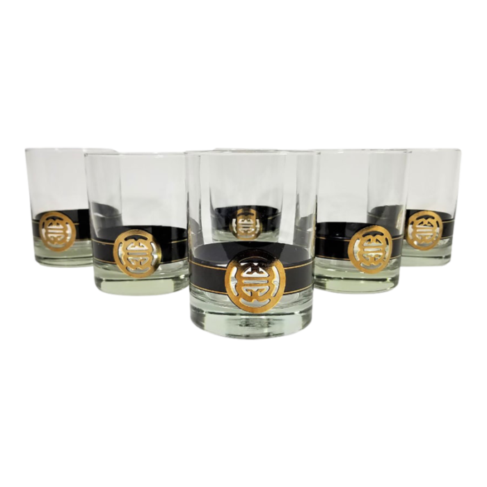 vintage 1960s cera for neiman marcus gold shou symbol lowball rocks glasses set of 6 0970