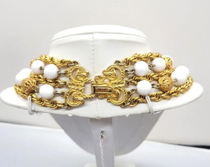 vintage 1980s signed les bernard multistrand goldtone white beaded necklace 2309