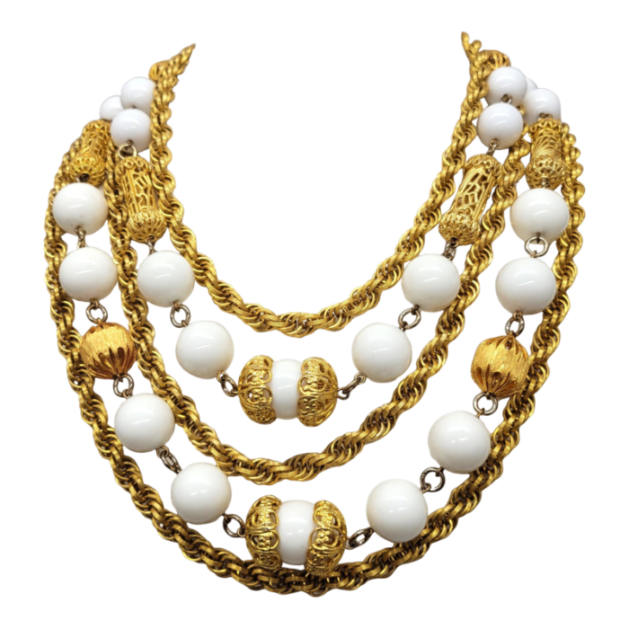 vintage 1980s signed les bernard multistrand goldtone white beaded necklace 5488