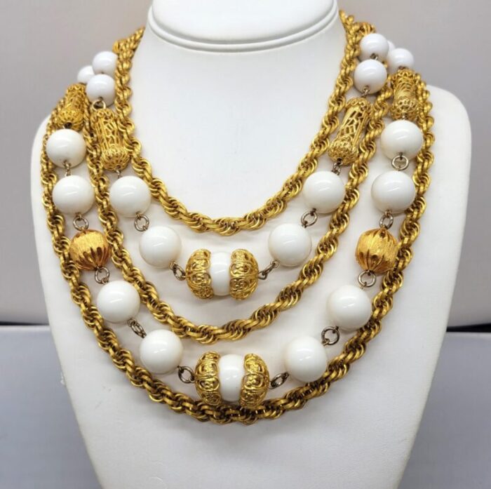 vintage 1980s signed les bernard multistrand goldtone white beaded necklace 9996