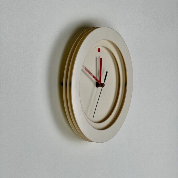 vintage 1990s round memphis design clock in 3 layers off white plastic and red arms 1162