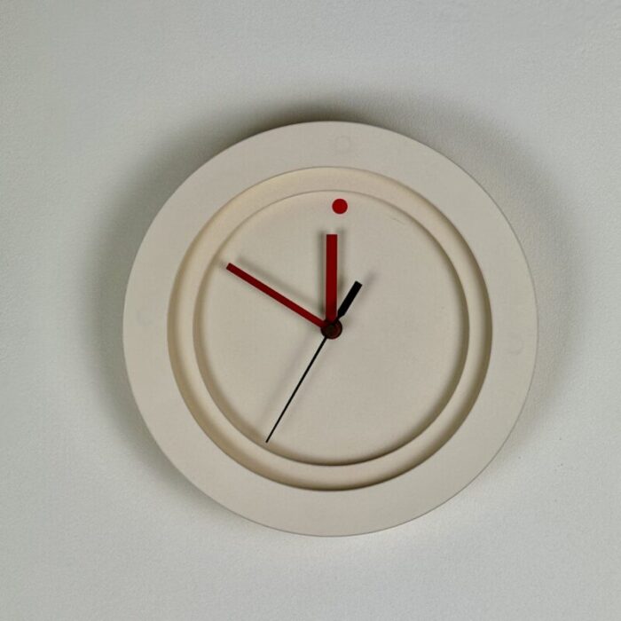 vintage 1990s round memphis design clock in 3 layers off white plastic and red arms 2338