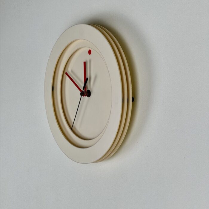 vintage 1990s round memphis design clock in 3 layers off white plastic and red arms 5720