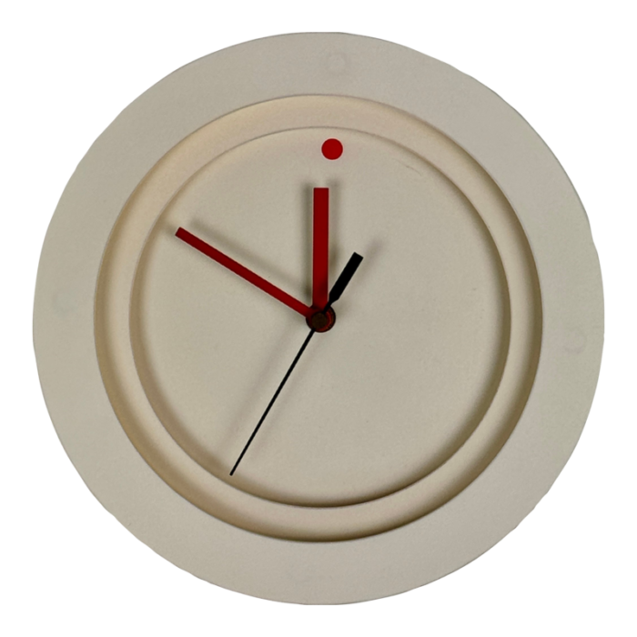 vintage 1990s round memphis design clock in 3 layers off white plastic and red arms 7324