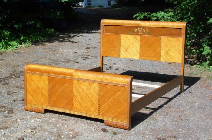 vintage art deco walnut inlay applied floral full double waterfall bed labell furniture 5079